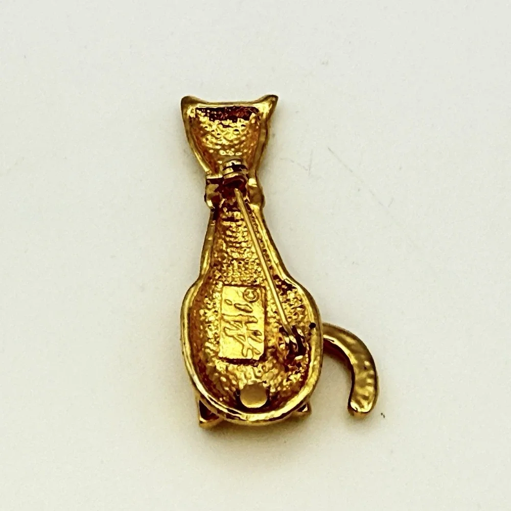 Vintage AAI Articulated Cat Brooch Gold Tone Moving Tail Rhinestones Figural Pin